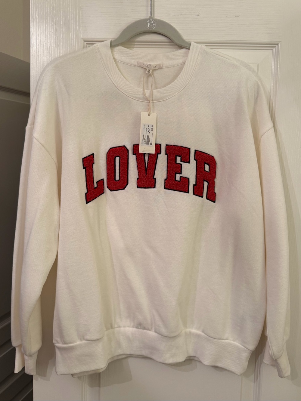 NWT Z Supply Cream Crewneck Sweatshirt with Red 'LOVER' Applique